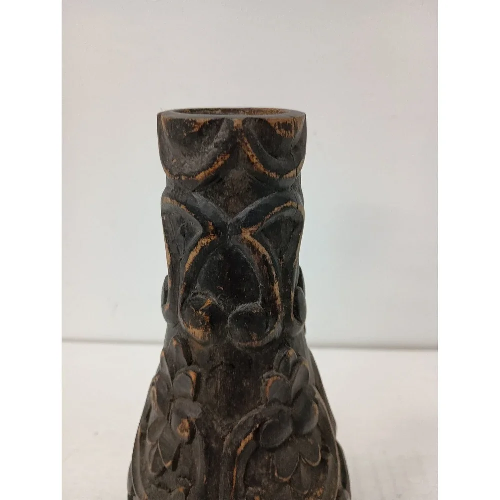 Vintage Hand Carved Turned Wood Vase 3D Raised Floral Design Rustic Primitive